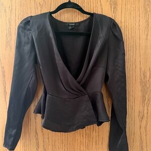 Forever 21 Black Satin Peplum Wrap Blouse